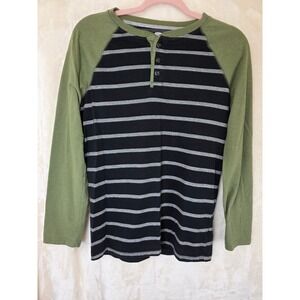 Old Navy Boys XXL 18‎ Henley Shirt Striped Raglan Long Sleeve Green Black